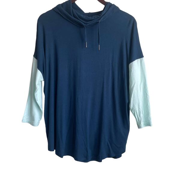 Gaiam Women Yoga Top M Blue Color Block 3/4 Sleeve Hooded Cowl Neck Lounge Comfy - Picture 1 of 12